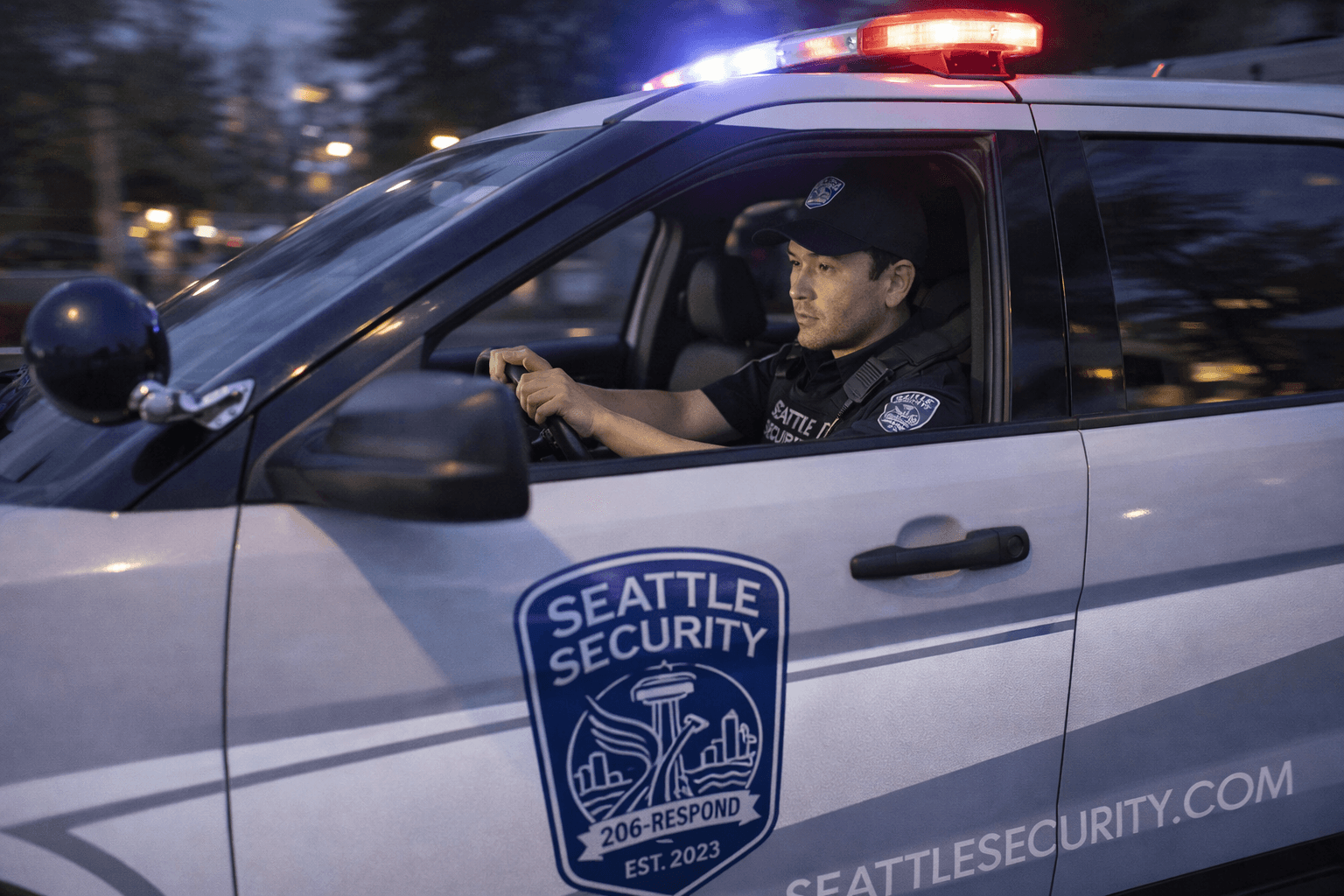 Seattle Security patrol vehicle responding at night